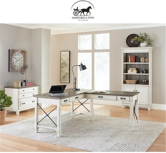 Ashford & Sons Contemporary Wood L-Shaped Desk, 60"W x 28"D x 31"H, Weathered White Finish, Drop-Front Keyboard Drawer, Utility Drawers, Ergonomic Workspace, Durable Home Office Desk for Storage and