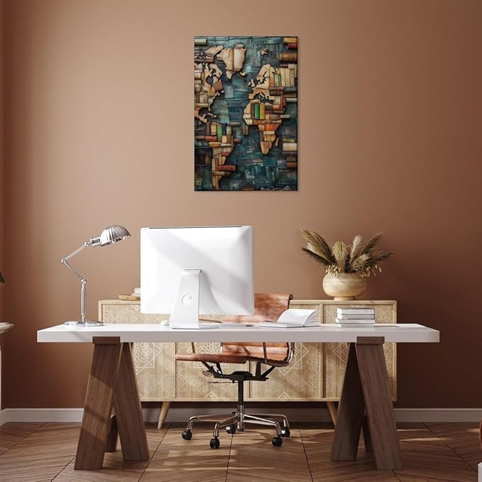 World Map Book Adventure Vintage Library Art Aesthetic Poster Canvas Wall Art Decoration Living Room Home Decor Bedroom Decoration Poster Framed20x30inch