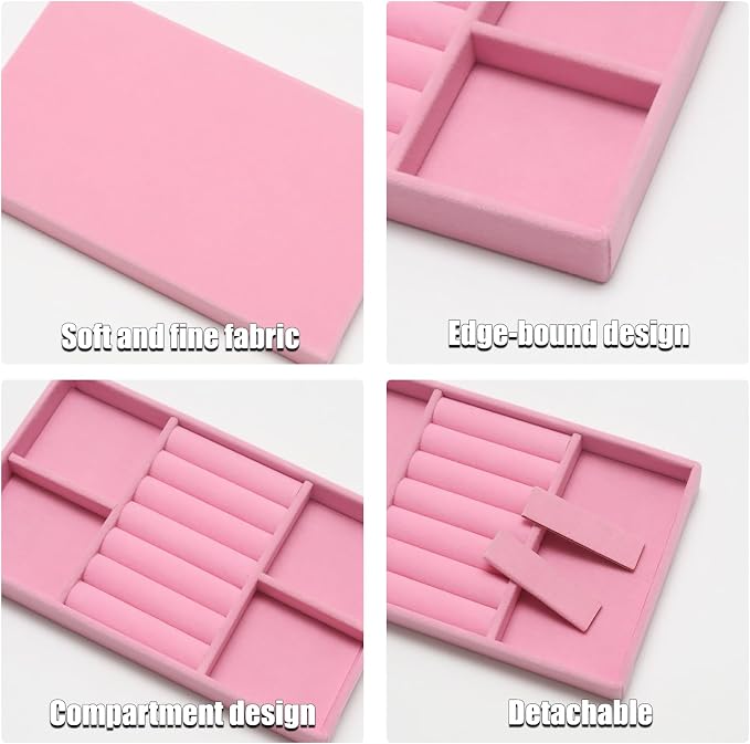 Velvet Jewelry Trays for Drawers, Pink Stackable Jewelry Drawer Organizer Inserts, Ring Earring Necklace Bracelet Holder Organizer Storage Display Tray with Removable Dividers, 2-in-1