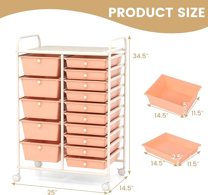 DREAMADE Rolling Cart with 15 Drawers, Rolling Drawer Organizer Cart w/Lockable Wheels, Removable & 2-Sized Storage Drawers, Art Cart for School Home Art Supplies Crafts File Scrapbook