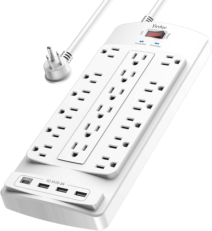 Surge Protector Power Strip, Yintar 6 Feet Flat Plug Heavy Duty Extension Cord with 18 Widely Outlets and 4 USB Ports, 2100 Joules, ETL Listed, White