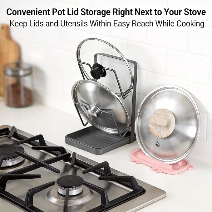 Kitchen Pot Lid Storage Rack, 2-Tier Stainless Steel Pan Lids Holder with Detachable Drip Tray While Cooking, Multifunctional Countertop Organizer for Pan Storage