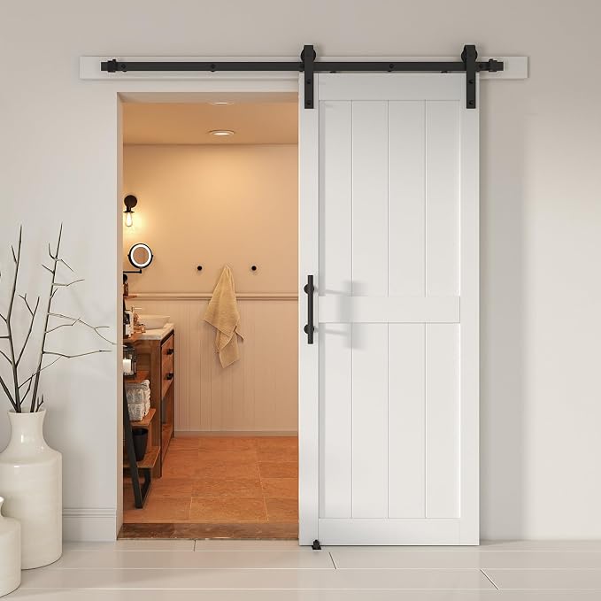 34''x80'' Sliding Barn Door with 6 Ft Barn Door Hardware Kit | Pre-Drilled Holes Easy Assembly - Include Installation Manual, Water-Proof PVC Surface, H-Frame, White