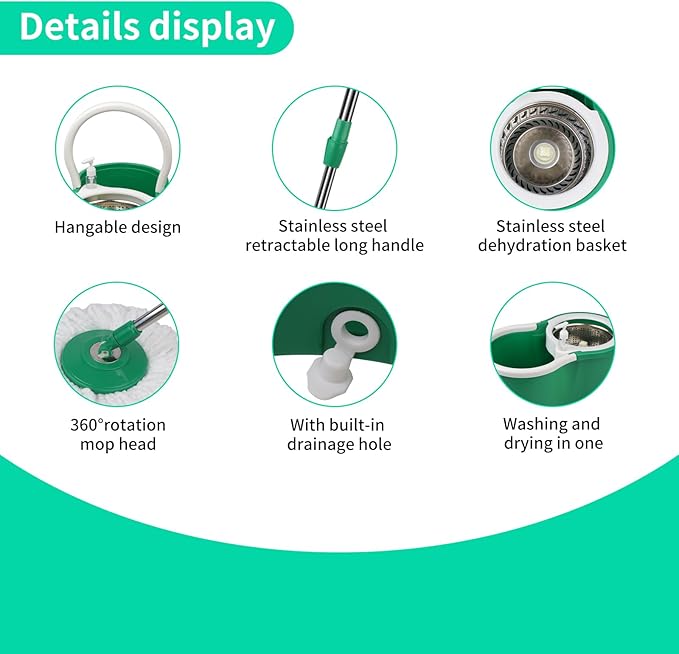 Spin Mop and Bucket, Mop and Bucket with Wringer Set 360° Spinning Mop with 3 Microfiber Mop Refills 61" Adjustable Handle for Floor Cleaning