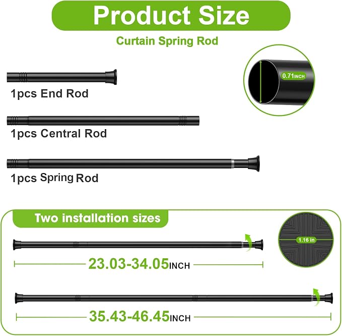 Tension Rods 2Pack Black Tension Curtain Rods 23-48Inch Small Curtain Rods for Windows Adjustable Curtain Rods Spring Rod for Doorway,Closet,Windows