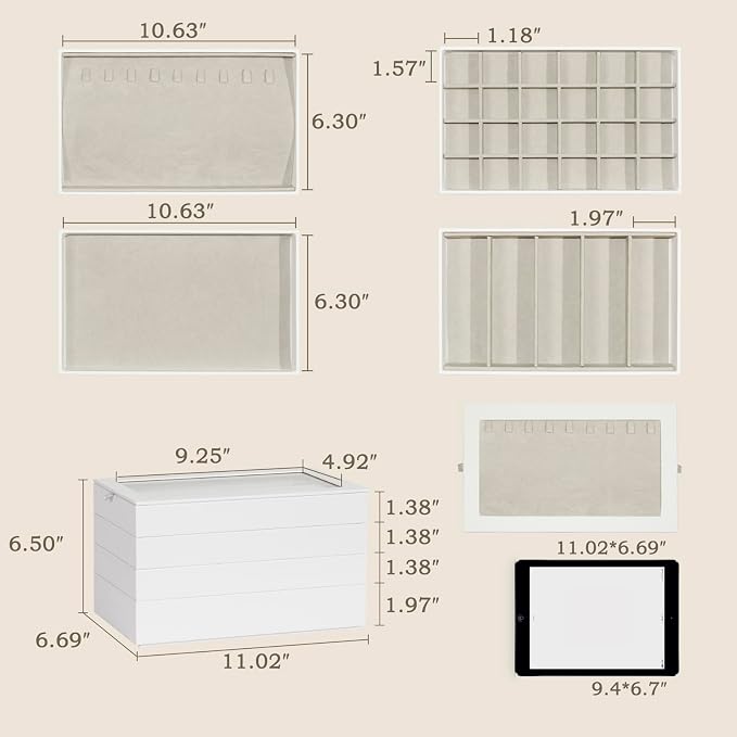 4-Layer Stackable Jewelry Organizer Trays with Tempered Glass Lid, White PU Leather Jewelry Drawer Inserts Display Case, Large Storage Box for Earring Necklace Ring Sunglasses