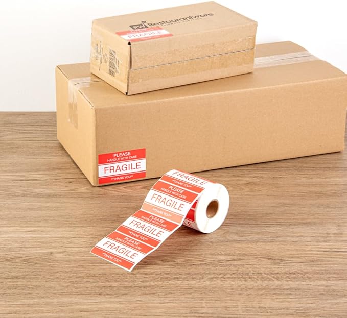 Restaurantware Label Tek 3 x 2 Inch Packaging Stickers 500 Premium Shipping Labels - Handle with Care Sustainable Red and White Paper Inventory Stickers High-Visibility with Strong Adhesives