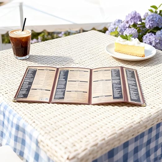 Goodsmart Restaurant Menu Covers – 25 Pack Burgundy Quadfold 8-View, Side-Loading Menu Holders, Vinyl & Plastic Café Menu Covers, Clear Menu Sleeves, Fits 8.5" x 11" & 4.25" x 11", Gold Corners
