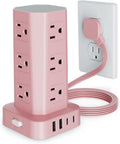 Power Strip Tower Surge Protector, 6FT Flat Plug Extension Cord with Multiple Outlets, 12 AC Outlets 4 USB (2 USB C), Desktop Charging Station with Surge Protection for Home Office Dorm Room, Pink
