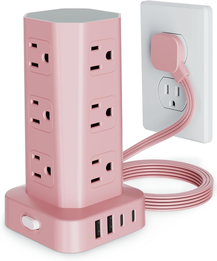 Power Strip Tower Surge Protector, 6FT Flat Plug Extension Cord with Multiple Outlets, 12 AC Outlets 4 USB (2 USB C), Desktop Charging Station with Surge Protection for Home Office Dorm Room, Pink