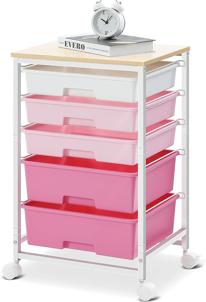 SYKIARIOL Utility Cart with 5 Drawers,Storage Drawer Cart with Wooden Tabletop and Lockable Wheels,Craft Storage Trolley Cart,5-Tier Rolling Utility Cart on Wheels,Rose Pink