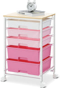 SYKIARIOL Utility Cart with 5 Drawers,Storage Drawer Cart with Wooden Tabletop and Lockable Wheels,Craft Storage Trolley Cart,5-Tier Rolling Utility Cart on Wheels,Rose Pink