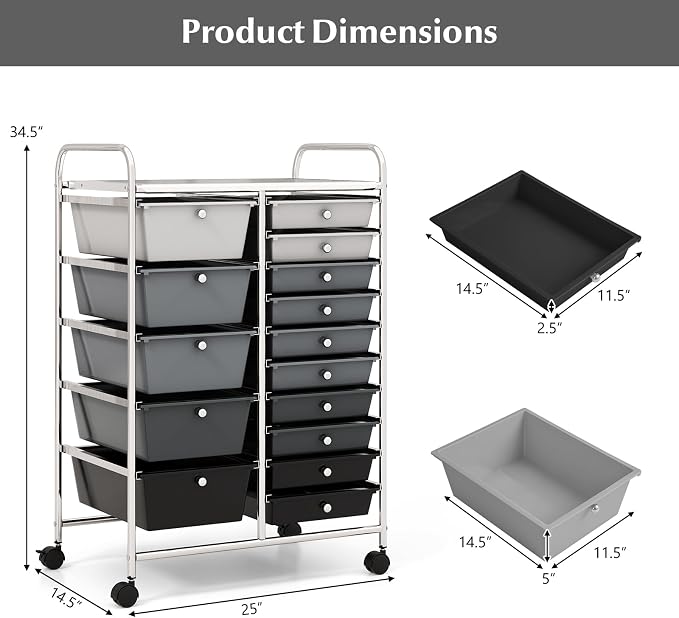 COSTWAY 15 Drawer Rolling Storage Cart, Mobile Storage Organizer | Removable Drawers & Metal Frame, Multipurpose Utility Tools Paper Organizer on Wheels for Home, Office (Mixed Black)