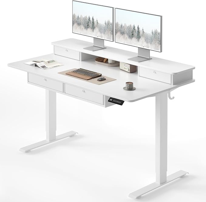 FEZIBO 48 x 24 inch Standing Desk with Drawers, Height Adjustable Electric Workstation, Computer Sit Stand Up Table with Large Storage Shelf 4 Drawers and 2 Hooks, White
