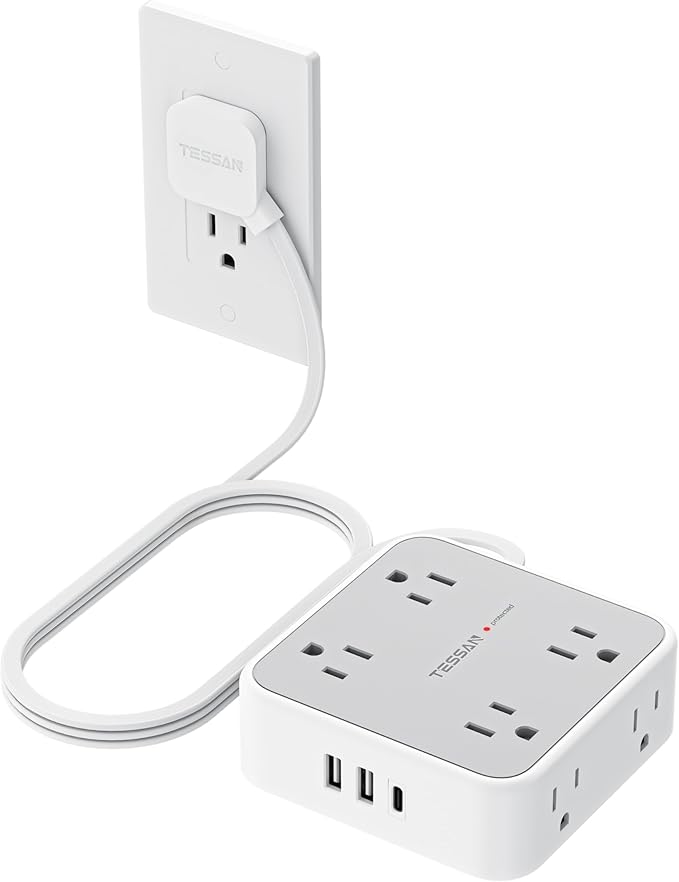 TESSAN Surge Protector Power Strip, 5 Ft Flat Plug Extension Cord with 3 USB (1 USB C) 8 Outlets, 900J Protection, 3 Sided Outlet Extender with Power Switch for Office, Dorm Room, Grey | 8 AC with 3 USB Ports (1 USB C), Flat Plug Extension Cord, 3 Side...