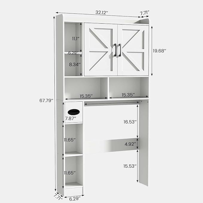 Vabches Over The Toilet Storage Cabinet with 2 Barn Doors, White | Toilet Paper Holder Stand，Home Space-Saving Toilet Rack, for Bathroom, Restroom, Laundry