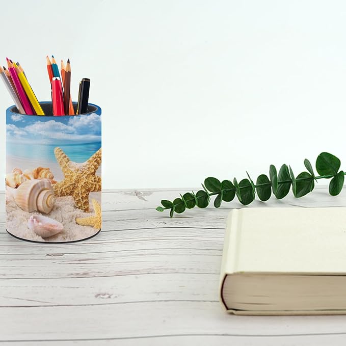 Beach Starfish Seashell Pen Holder Pencil Cup Desk Organizer | Cute Makeup Brush Holder PU Multifunctional Office Suppliesfor Decor Home Classroom School