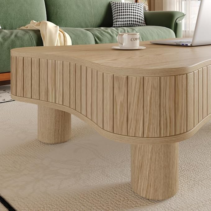 Lift Top Coffee Table with Hidden Storage Fluted Panel Silent Hydraulic Lift Curved Corners (Natural)