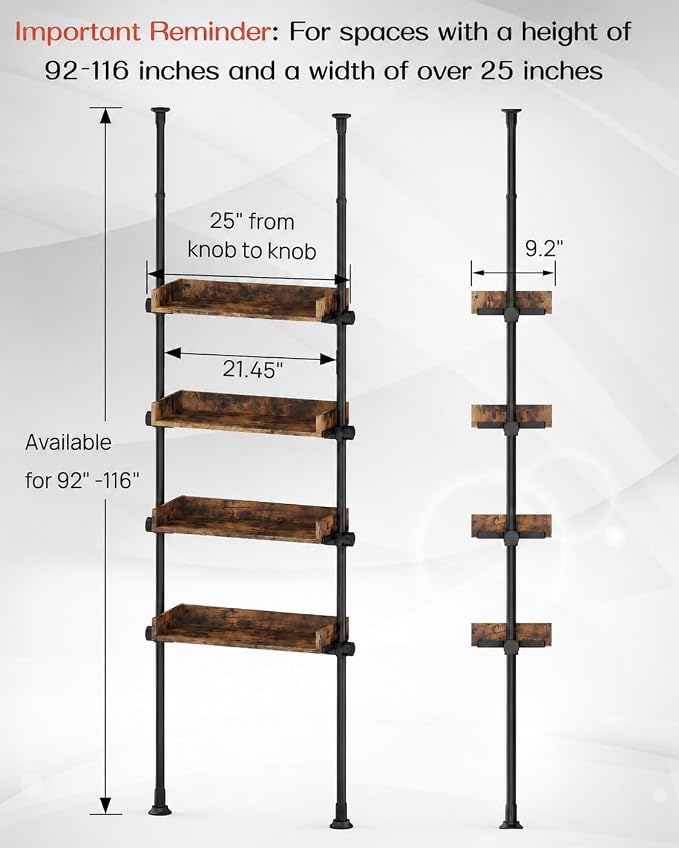 ALLZONE Bathroom Organizer, Over The Toilet Storage, 4-Tier Adjustable Wood Shelves for Small Rooms, Saver Space Rack, 92 to 116 Inch Tall, Narrow Cabinet, Rustic Brown