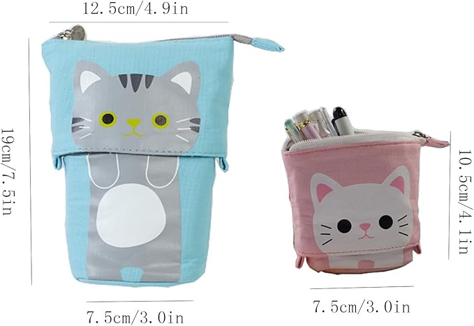 iSuperb Standing Pencil Pouch Pencil Case Cute Cat Telescopic with Zipper Canvas Kwaii Cartoon Pencil Bag Stationery Box for Kids Girls Boys School Supplies 7.5 x 4.9 x 3.0inch/4.1x 3.0inch