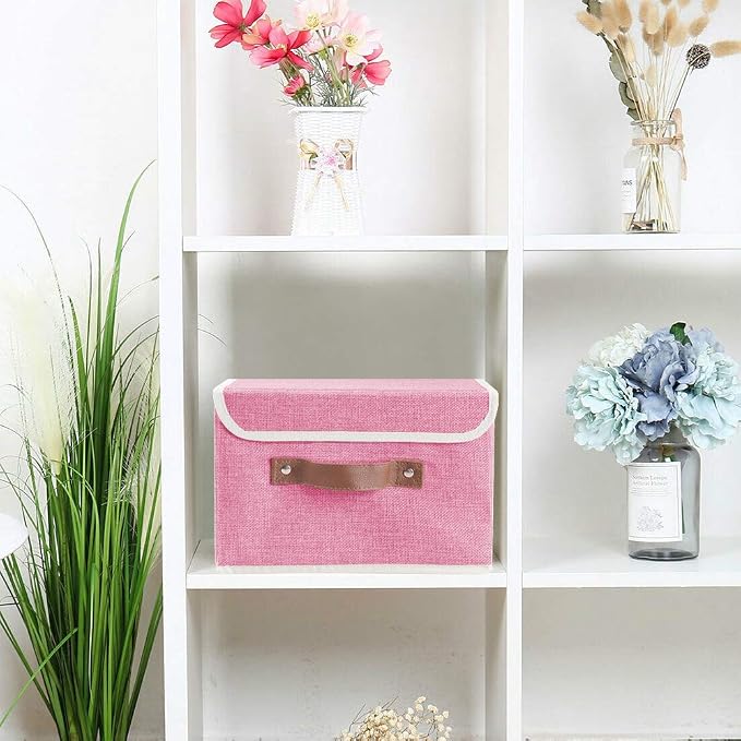 2Pack Storage Bins Boxes with Lids 10" x 8" x 7" Decorative Storage Baskets | Cotton Linen Fabric, Collapsible, Faux Leather Handles, Storage Cubes, Closet Shelf Clothes Organizer Container, Pink