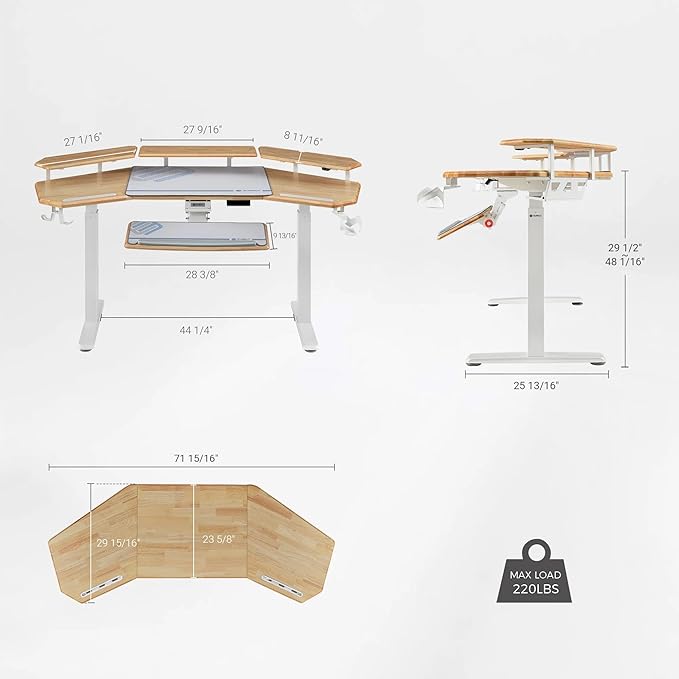 EUREKA ERGONOMIC Solid Wood Top Gaming Desk with Keyboard Tray, 72" Wing Shaped Music Studio Table with LED Shelves, Heavy Duty Gaming Recording Live Stream Desk, Cable Slot Design