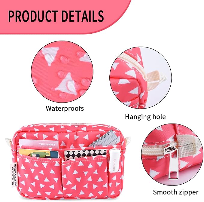 E-WEICHEN Multiple Pockets Portfolio Organizer with Zippered, Makeup Bag Travel Essentials for Women, Simple Waterproof Stationery Pencil Pouch Bag for Journal Office Art Supplies.Pink Triangle