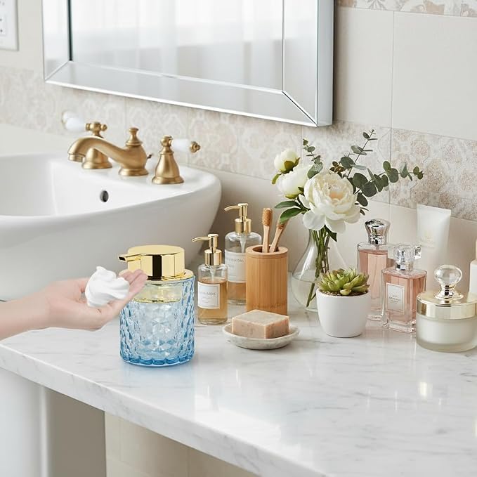 10 Oz Glass Hand Soap Dispenser with Pump, Refillable Bathroom Gold Foaming Soap Dispenser, Vintage Glass Diamond Lotion Container Bottle for Bathroom and Kitchen (2, Blue and Gold)