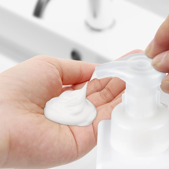 250ML Foaming Soap Dispenser, 2-Pack Plastic Hand Soap Dispenser, Refillable Leakproof Foam Pump Bottle with Waterproof Labels, for Shampoo, Body Wash
