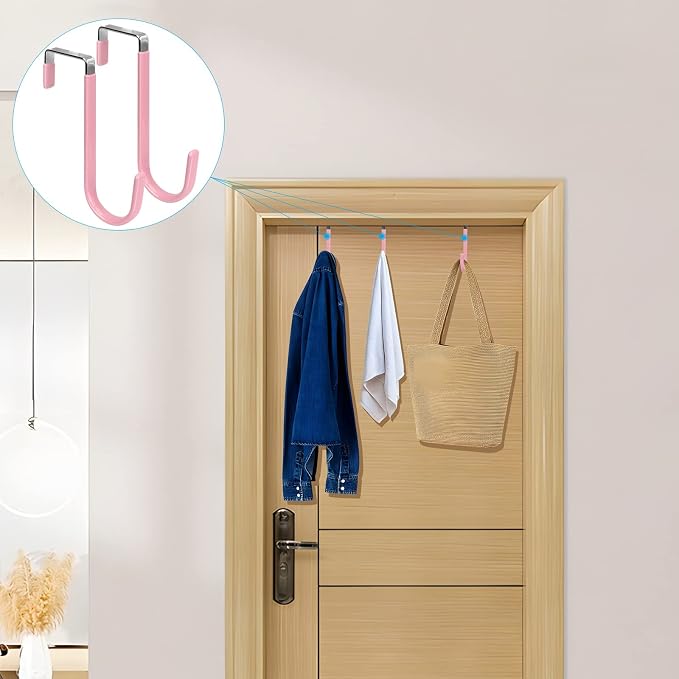 FYY Over the Door Hooks, Single-Hanger 4 Pack, Fits Doors 1 3/8" Pink | Heavy Duty Metal, Hold 20lbs, Rubber-Coated, No-Drilling, for Bathroom Dorm, Hanging Towels Clothes Hats Bags Coats Wreaths