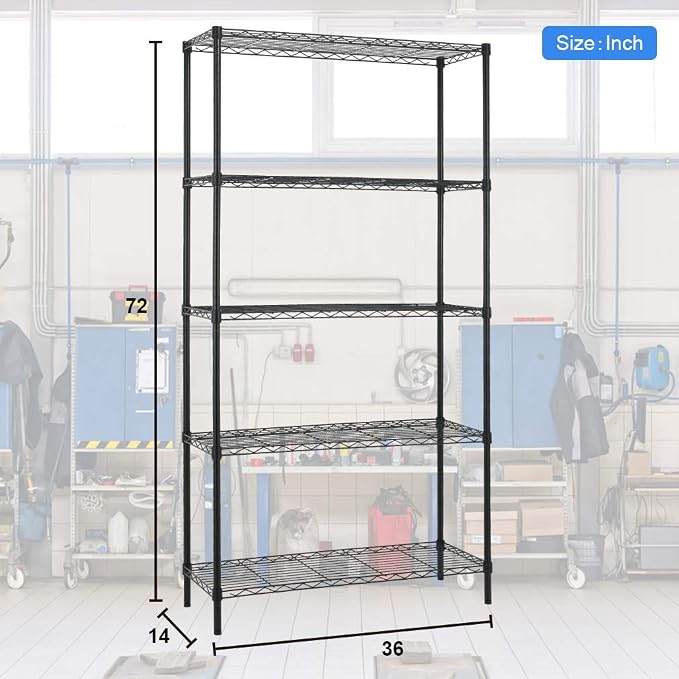 Meet perfect 5-Tier Heavy Duty Wire Shelving Unit, 72" H x 36" W x 14" D Metal Storage Rack with Leveling Feet, NSF Certified Steel Organizer for Garage, Kitchen, Pantry, 1250 lbs Capacity