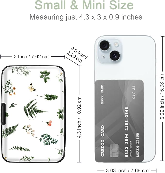 Coco Rossi Credit Card Holder RFID Aluminum Small Mini Wallet Women | Metal Wallet, Business Cards Holder, ID Case, Slim Sleeves, Womens Girls Gift, Carry Wallets for Travel, Green Leaves