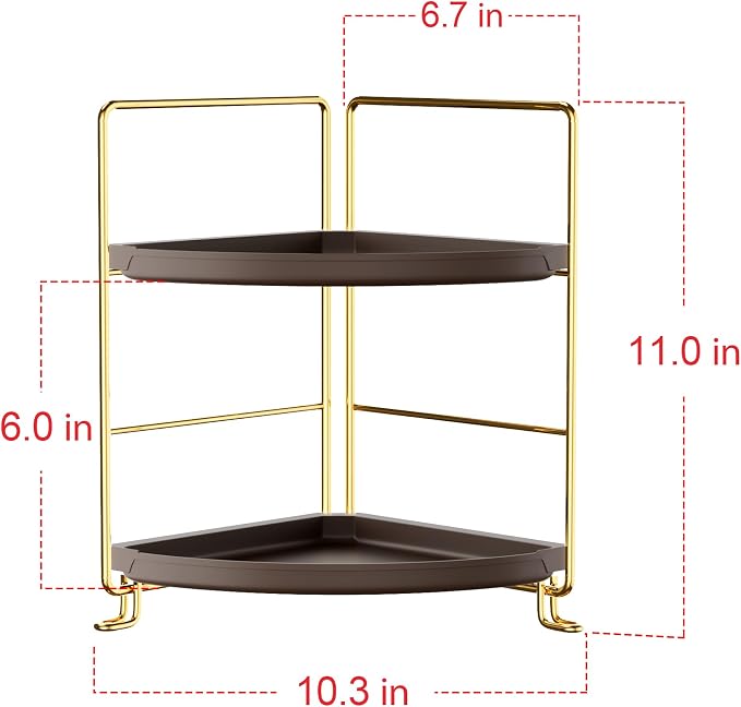 FSyueyun 2-Tier Corner Bathroom Counter Organizer (Gold & Brown) | Vanity Organizer and Storage for Countertop, Small Plastic Bathroom Trayp, Tool-Free Assembly Space Saving Corner Shelf