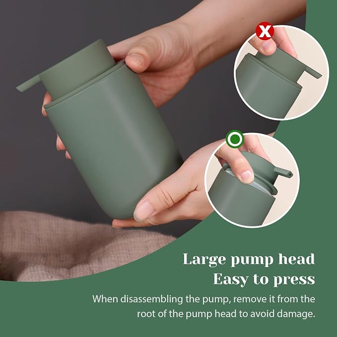 INGOFIN Ceramic Lotion Soap Dispenser Set, 2 Pack (12 oz) Bathroom Hand Soap Dispenser with Pump, Liquid Hand and Dish Soap Dispenser Set, 8 Pcs Clear Stickers, for Kitchen Bathroom-Matte Green