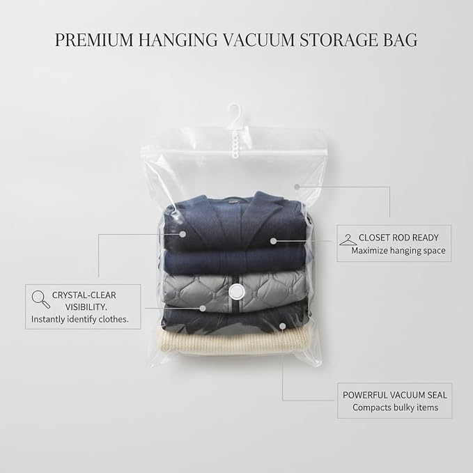 Hanging Vacuum Storage Bags for Closet, Clear Compression Saver for Coats & Suits, Space Saving Organizer (1 Pack)