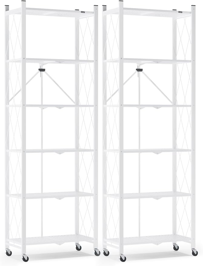 ALANNG 73.6 Inch Folding Bookshelf, 6 Tier Metal Bookcase and Bookshelves | Tall Shelves for Living Room Office Bedroom, Heavy Duty Book Shelve Free Standing Open (White, 2PACK)