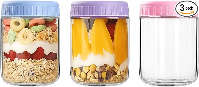 Overnight Oats Containers with Lids, 16oz Wide Mouth Mason Jars with Lids, 3 Pack Glass Jars with Airtight lid for Chia Pudding Yogurt Salad, Meal Prer Oatmeal Jars