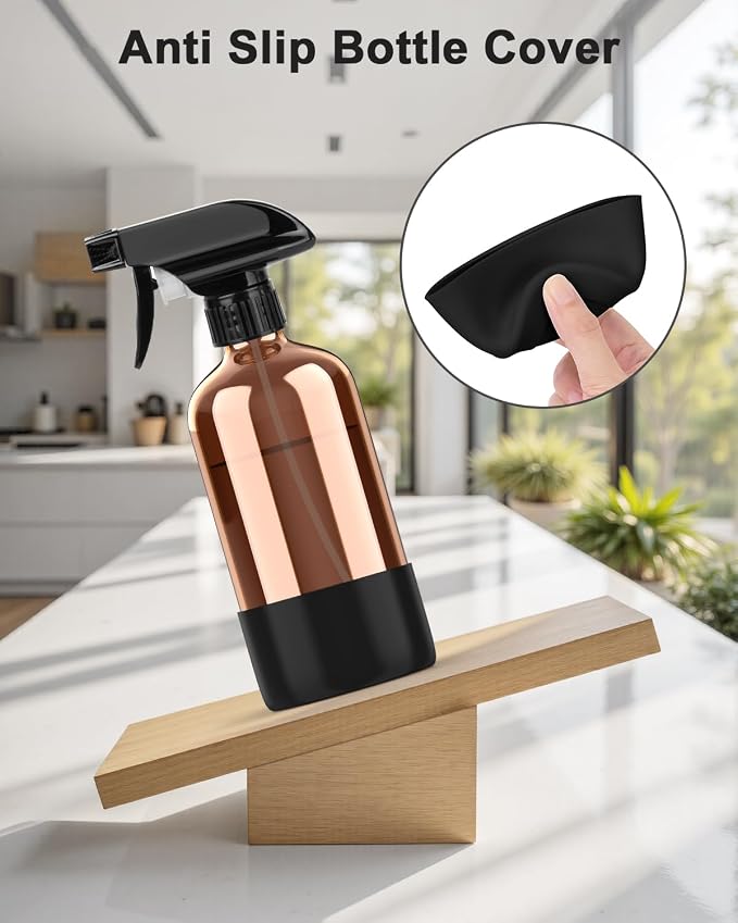 Bontip Amber Glass Spray Bottle with Silicone Sleeve Protection, 16 oz Refillable Spray Bottles for Cleaning Solutions, Plants, Aromatherapy, Facial Hydration (3, Black, 16 oz)