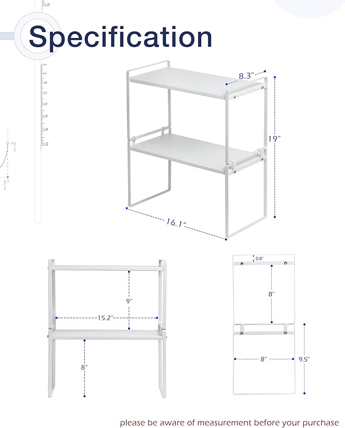 Nxconsu Stackable Cabinet Shelf Organizer 2 Pack, Standard Tall White | Heavy-Duty 3mm Steel Stackable 2-Tier Shelf, Holds 50 lb, for Kitchen Cabinet Pantry Cupboard Counter Bathroom Under Sink