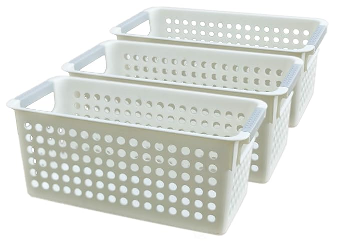 Basicwise Set of 3 White Rectangular Plastic Storage Basket with Easy-Grip Handles Ventilated Organizer Bin for Bathroom Pantry Closet Laundry Kitchen Shelf Countertop & Home Organization Essentials