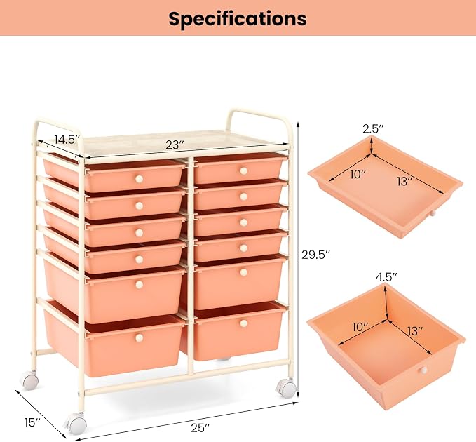 DREAMADE Rolling Cart with Storage Drawers, Utility Cart with Removable Plastic Drawers, Lockable Wheels, Art Cart for Classroom Organization Art Supplies Office Scrapbook (12 Drawers, Peach)