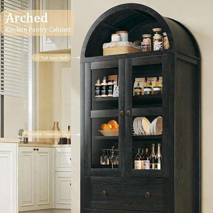 HUAHUU 71" Tall Arched Kitchen Pantry, Arched Cabinet, Kitchen Storage Cabinets with 2 Large Drawers & Adjustable Shelves & Glass Door for Living Room, Dining Room, Black