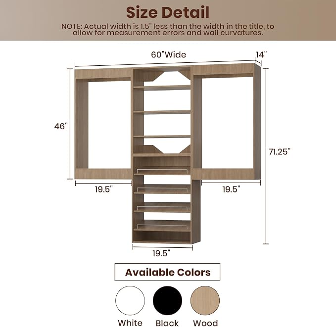 ROOMTEC Modular Closet System, 60" Wall Mounted Closet Organizer with Hanging Rods and Shoe Shelf, Wooden Tower for Walk-In Closets, Wardrobe Storage Kit, Wood