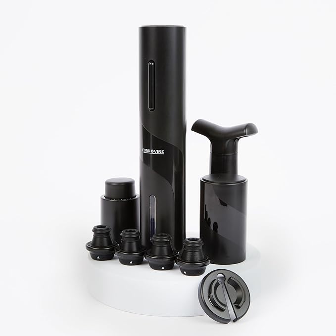 Cork & Vine ‘The Barkeeper’ 9-Piece Beer and Wine Set | Bar Accessories for The Home Bar Set | Battery Operated Cordless Beer & Wine Bottle Opener, Deluxe Wine Bottle Stopper | Preserve Opened Wine