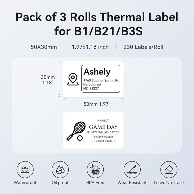 NIIMBOT 3 Roll Set Labels, 2'' x 1.2'' (50x30mm) Waterproof Thermal Label | for B1/B21/B31 Label Maker, for Mason Jar/Barcode/Logo/QR Code