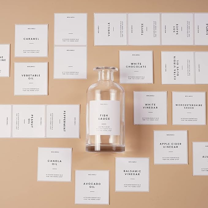 MoliMoli Minimalist Labels, Pantry, Organization, Oil, Cooking Sauce and Wine and Coffee Syrup Labels for Kitchen