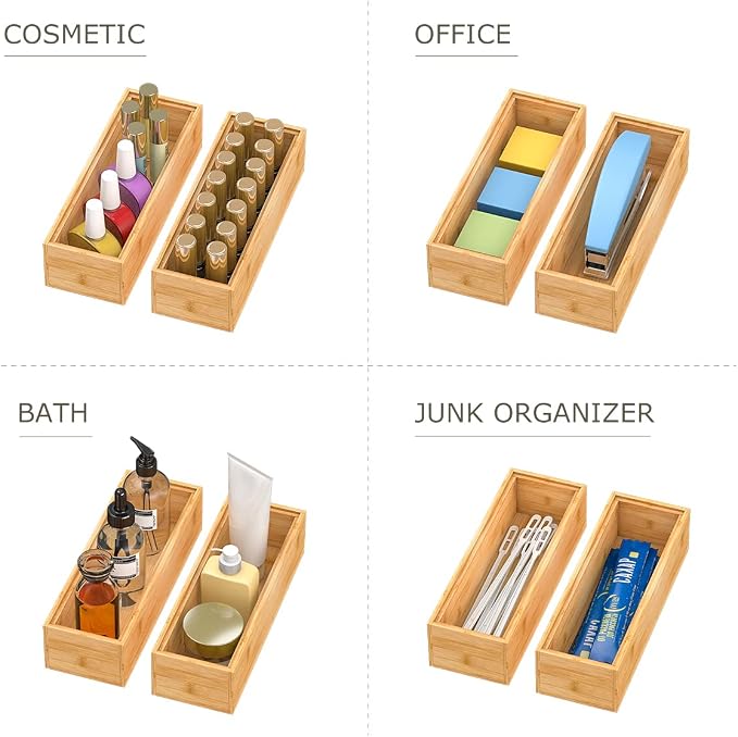 Bamboo Kitchen Drawer Organizer 9"x 3", Wooden Stackable Silverware Tray | Utensil Organizer Cutlery Holder for Kitchen, Wooden Storage Box for Bathroom, Multi-Use Storage Bins Dividers for Office