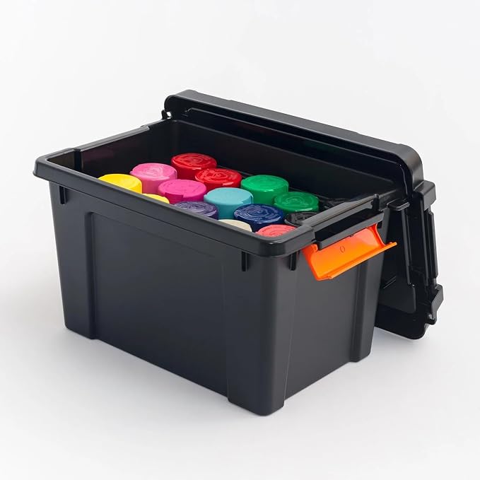 5 Gal Storage Bin 4-Pack, Stackable Plastic Tote with Latching Lid, Black | 5Gal Capacity, Secure Latching Lid, Heavy-Duty Plastic, Reinforced Handles, Stackable Design, Garage/Workshop Use