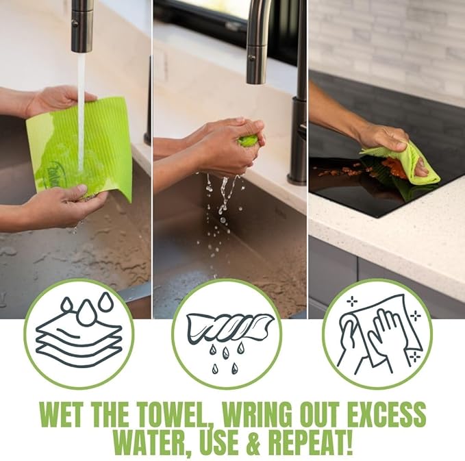 Zorbent Super Absorbent Towels 10 Pack, Green, Reusable Paper Towel Alternative, Lint Free Cleaning Cloth for Kitchen, Gym, Shoes, Travel, & Camping, Multipurpose Damp Duster, Spill & Mess Cleaner