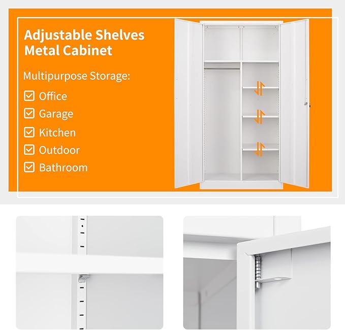 MIIIKO Steel Wardrobe Cabinet with 2 Doors, White Metal Locker Cabinet for Storage with Hanging Rod and 4 Shelves, Lockable Metal Closet for Bedroom, Cloakroom and Home Office